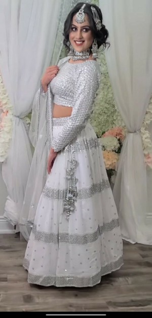 White Wedding Wear Embroidered Georgette Stitched Lehenga Choli With Dupatta